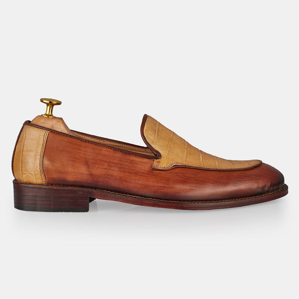 Yellow And Brown Jones Croc Leather Loafers