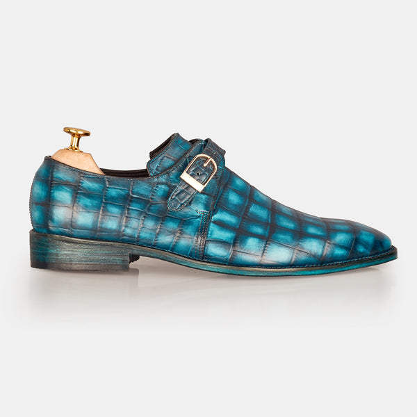 Aqua Blue John Wilson Crocodile Monk Shoes