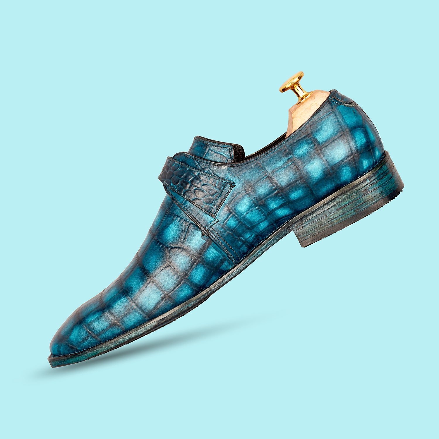 Aqua Blue John Wilson Crocodile Monk Shoes
