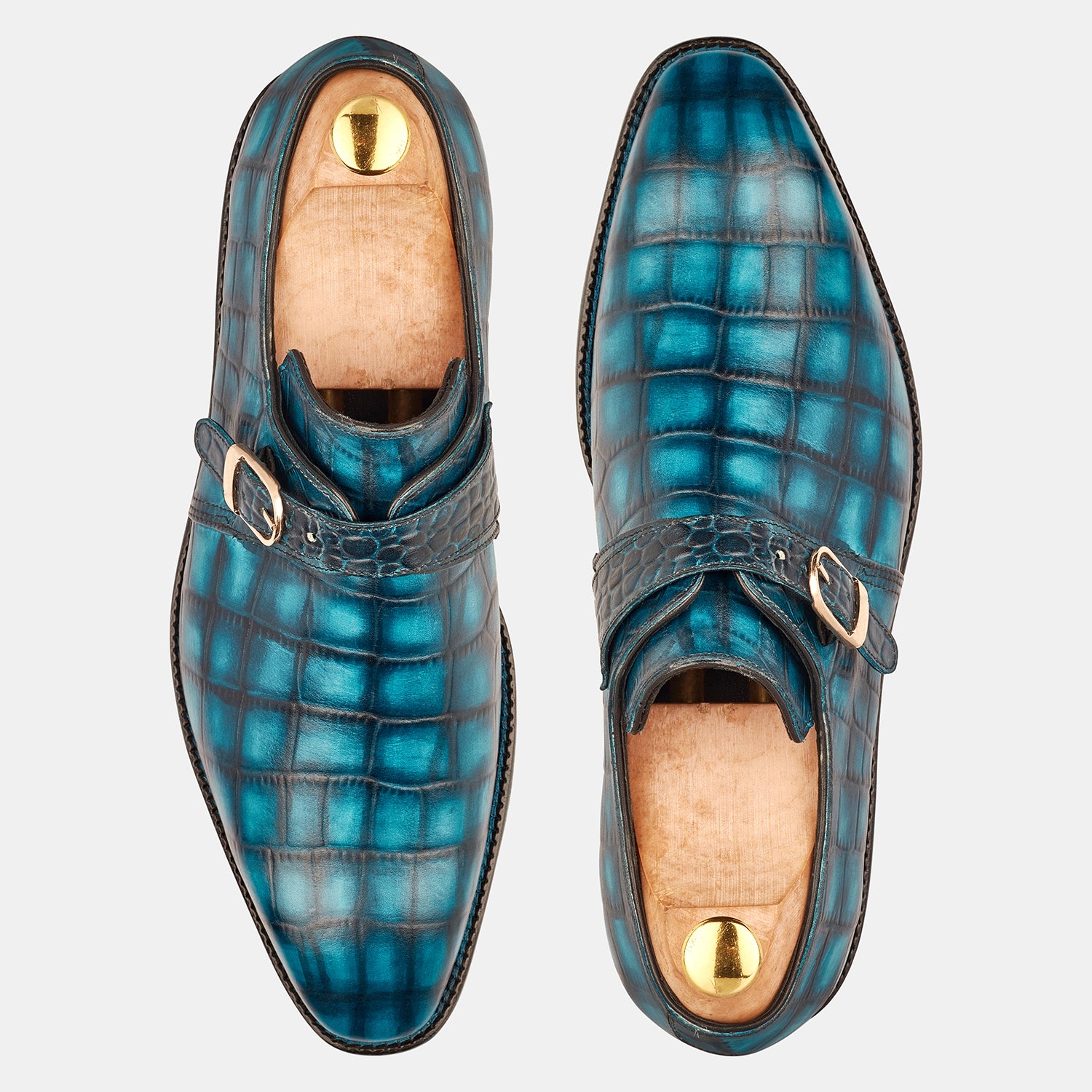 Aqua Blue John Wilson Crocodile Monk Shoes