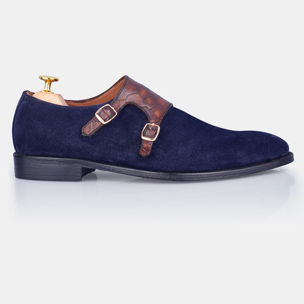 Blue & Brown Croc Brian Sweat Leather Monk Shoes