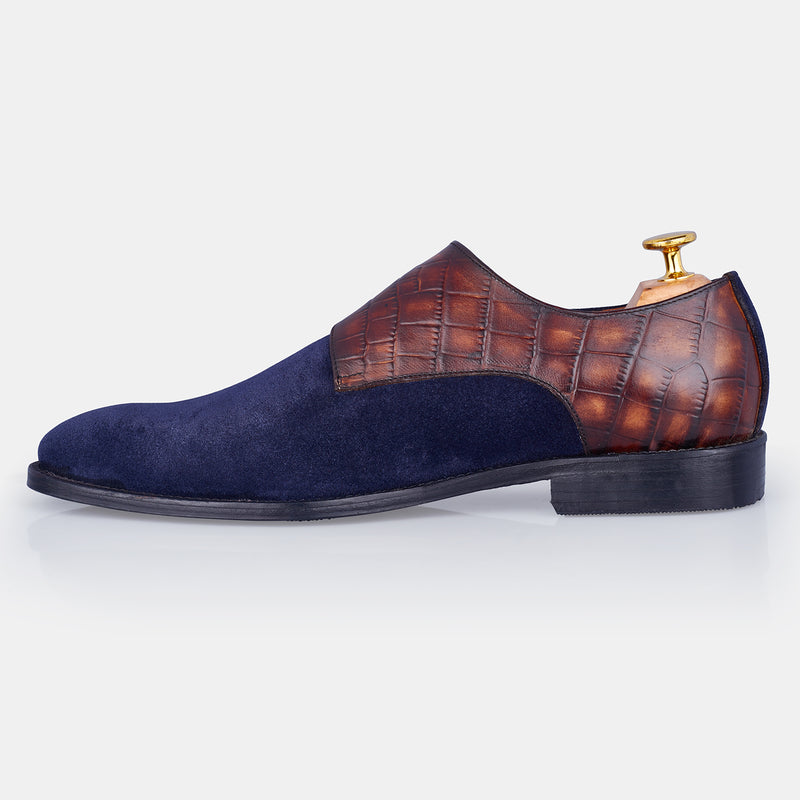 Blue & Brown Croc Brian Sweat Leather Monk Shoes