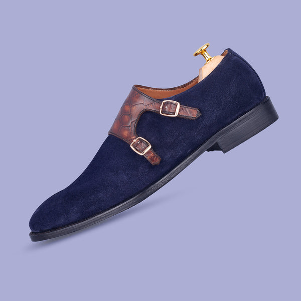 Blue & Brown Croc Brian Sweat Leather Monk Shoes