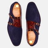 Blue & Brown Croc Brian Sweat Leather Monk Shoes