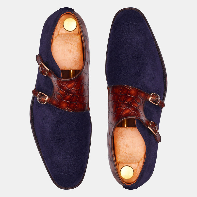 Blue & Brown Croc Brian Sweat Leather Monk Shoes
