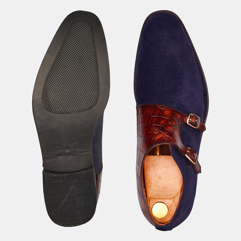Blue & Brown Croc Brian Sweat Leather Monk Shoes